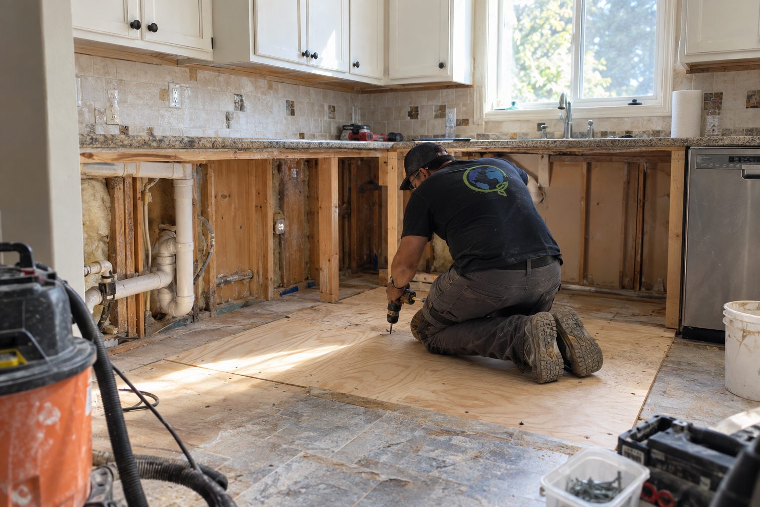 A Green Planet carpenter laying new subfloor in a Los Angeles kitchen stripped back after water damage.
