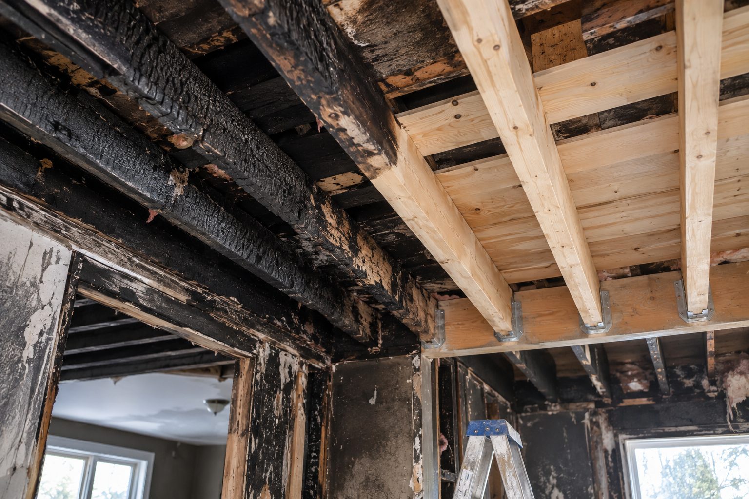 New pale joists fitted alongside charred ceiling framing inside a fire-damaged Los Angeles house.
