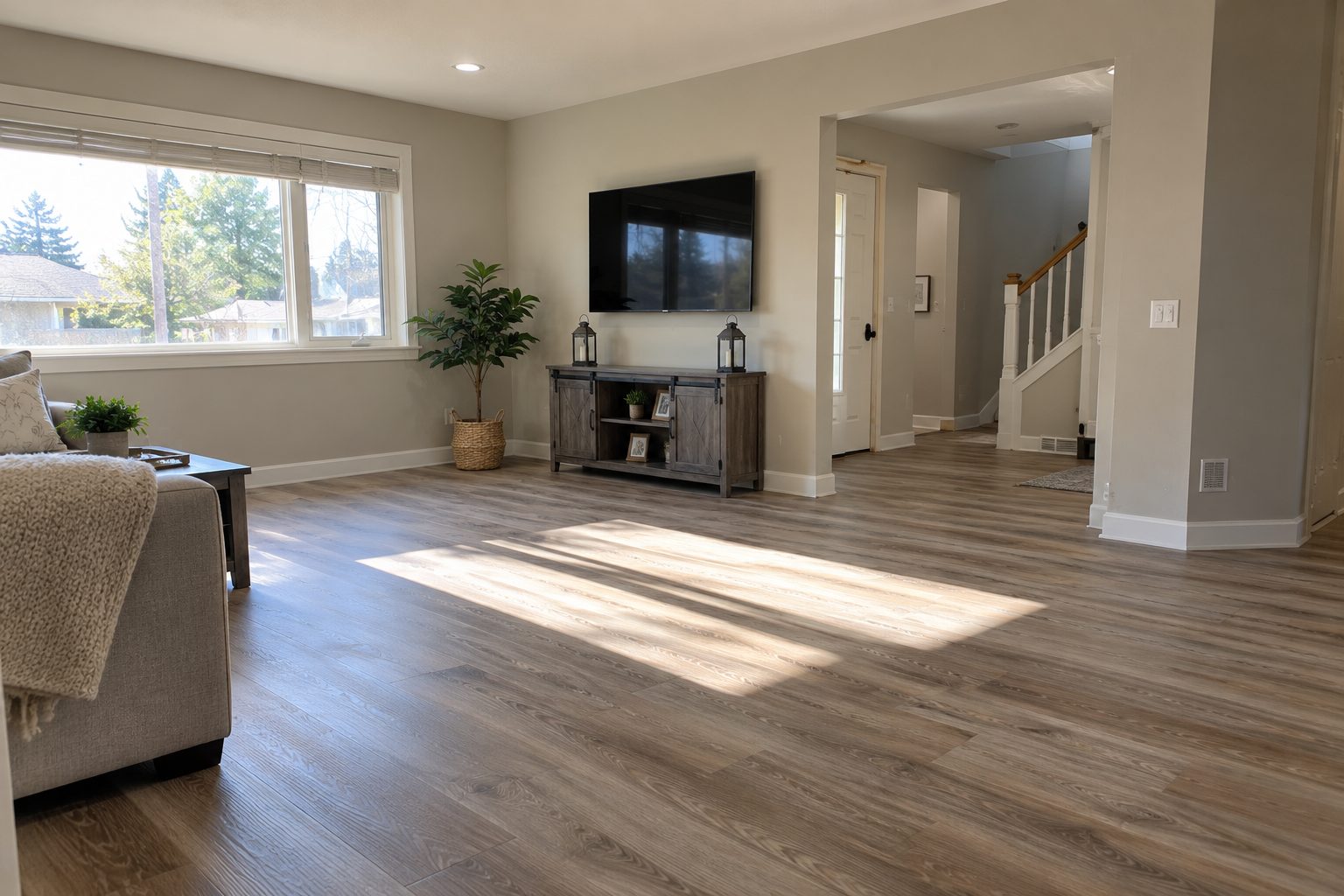 A finished Los Angeles living room after a rebuild, with new plank flooring, fresh paint and daylight across the floor.