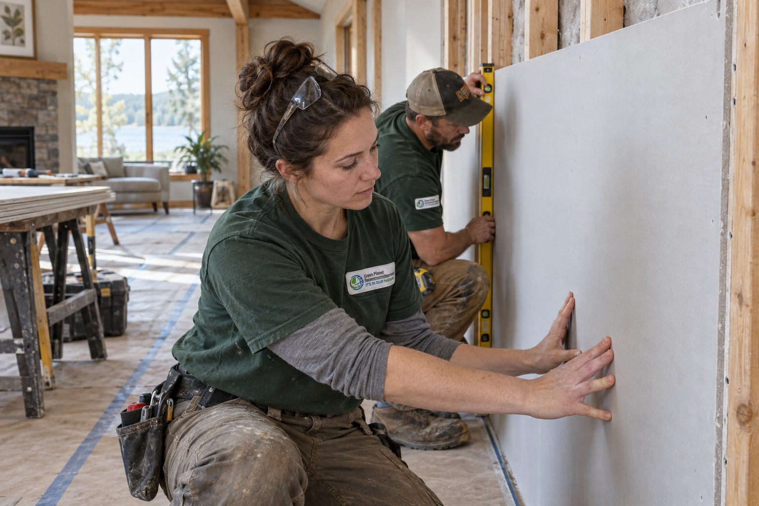 Branded illustration: Two technicians aligning a new drywall panel after remediation.