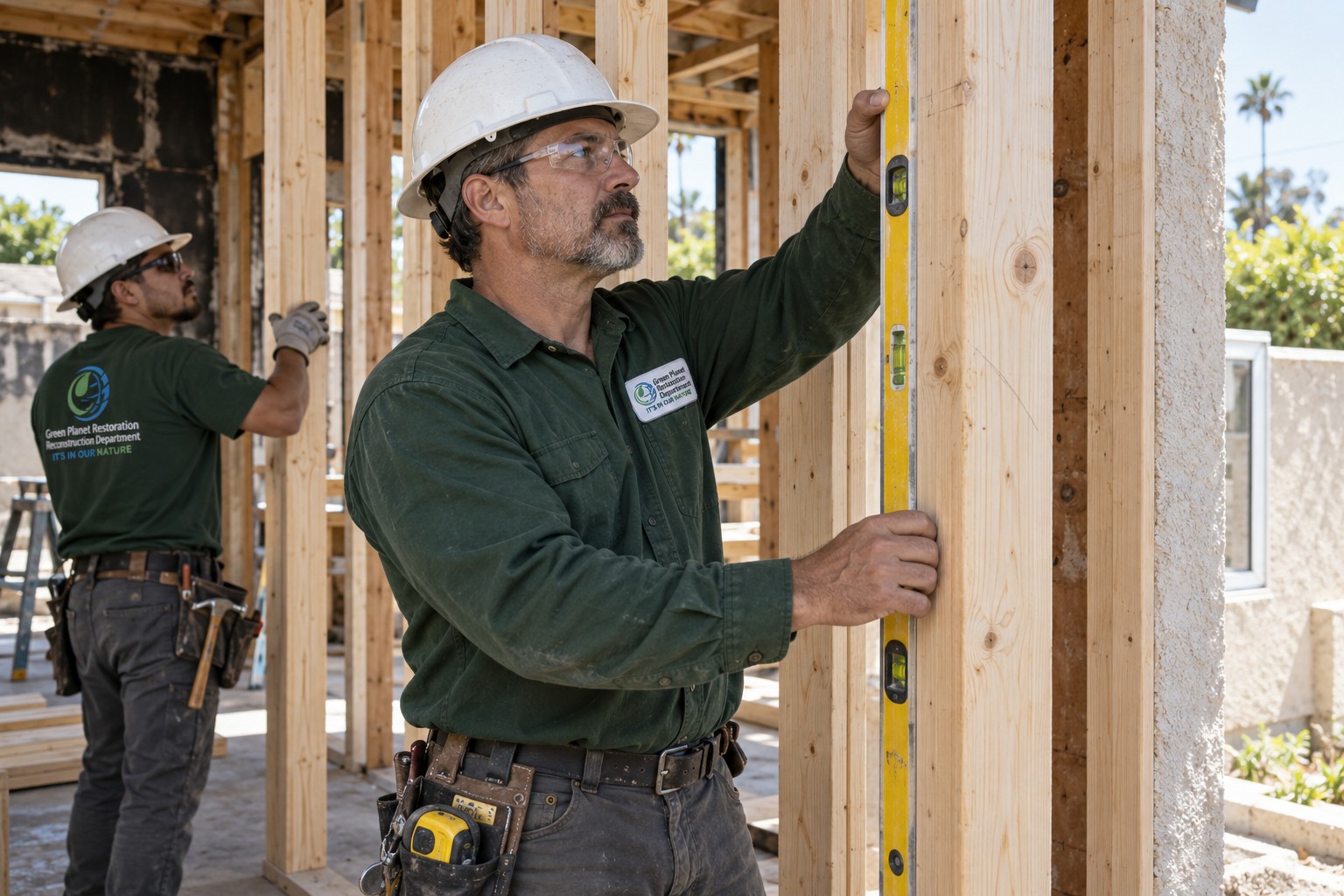 Branded illustration: Two carpenters checking new wall framing beside an earlier smoke-damaged section.