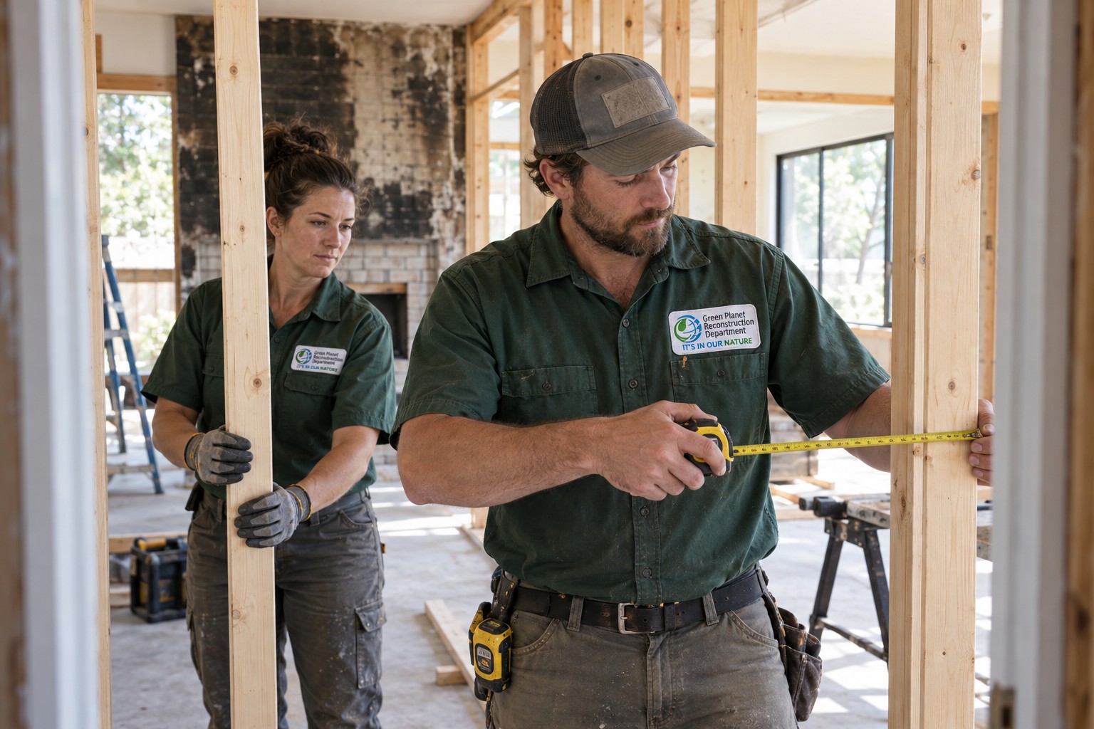 Branded illustration: Branded carpenters measuring a new interior partition after fire cleanup.