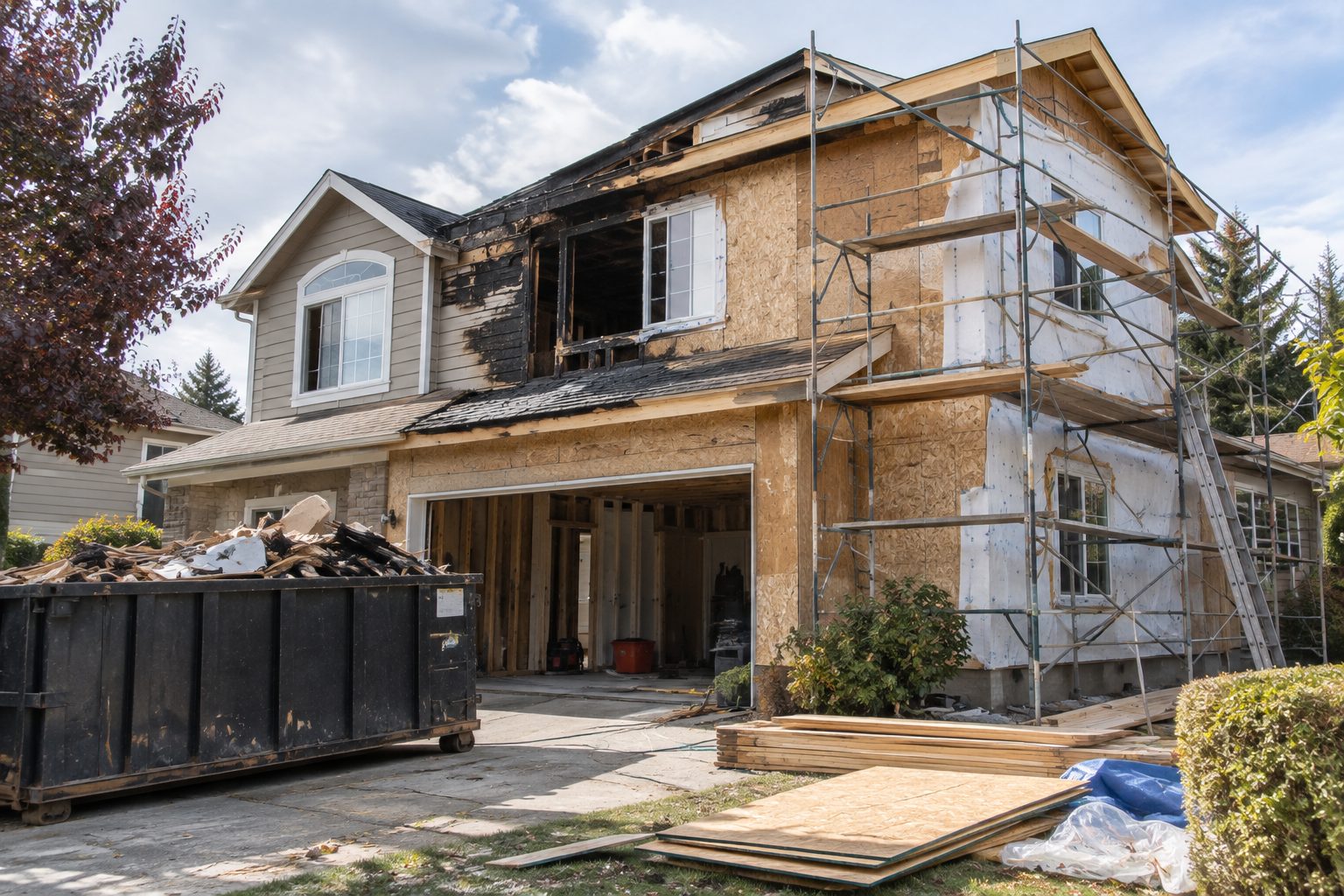 A fire-damaged Los Angeles house mid-rebuild, with scaffolding, new sheathing and a debris container on the driveway.