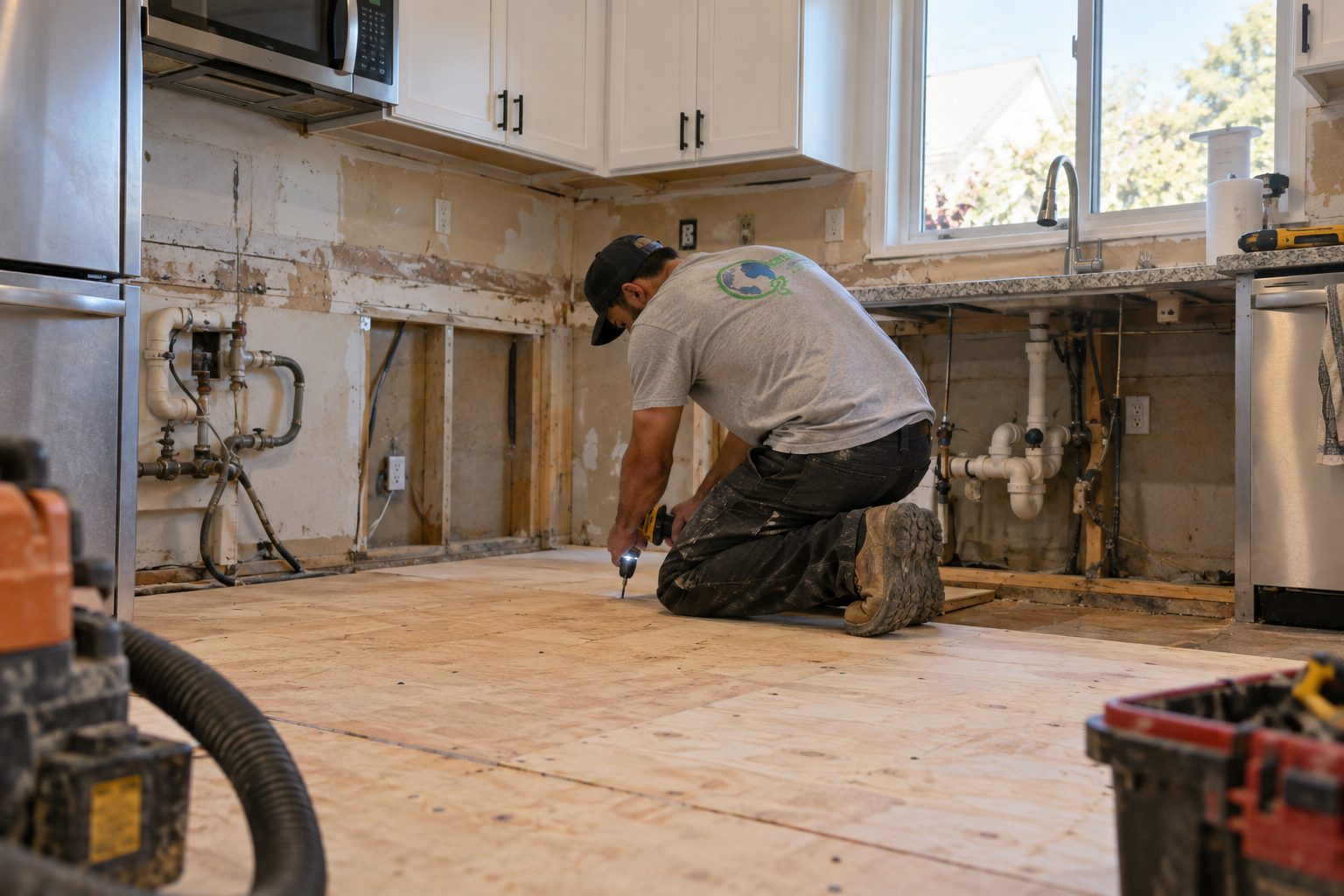 A Green Planet carpenter replacing subfloor in a Los Angeles kitchen after water and mold damage.