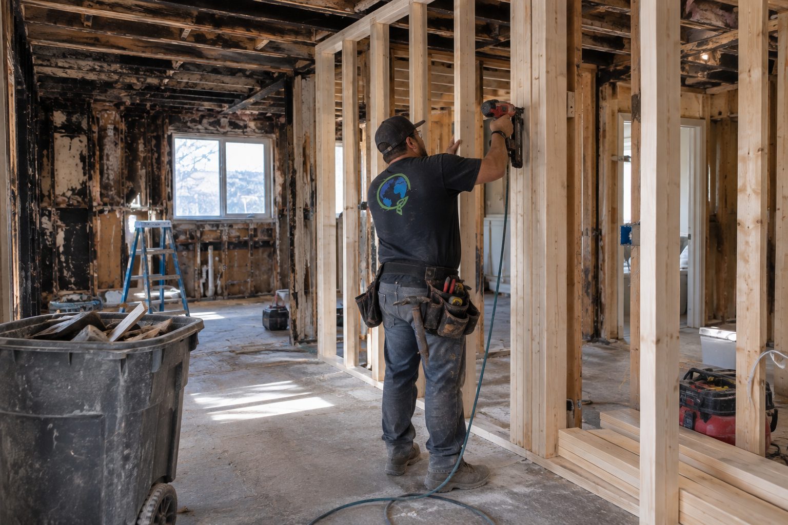 A Green Planet carpenter framing a new interior wall against charred structure inside a fire-damaged Los Angeles home.