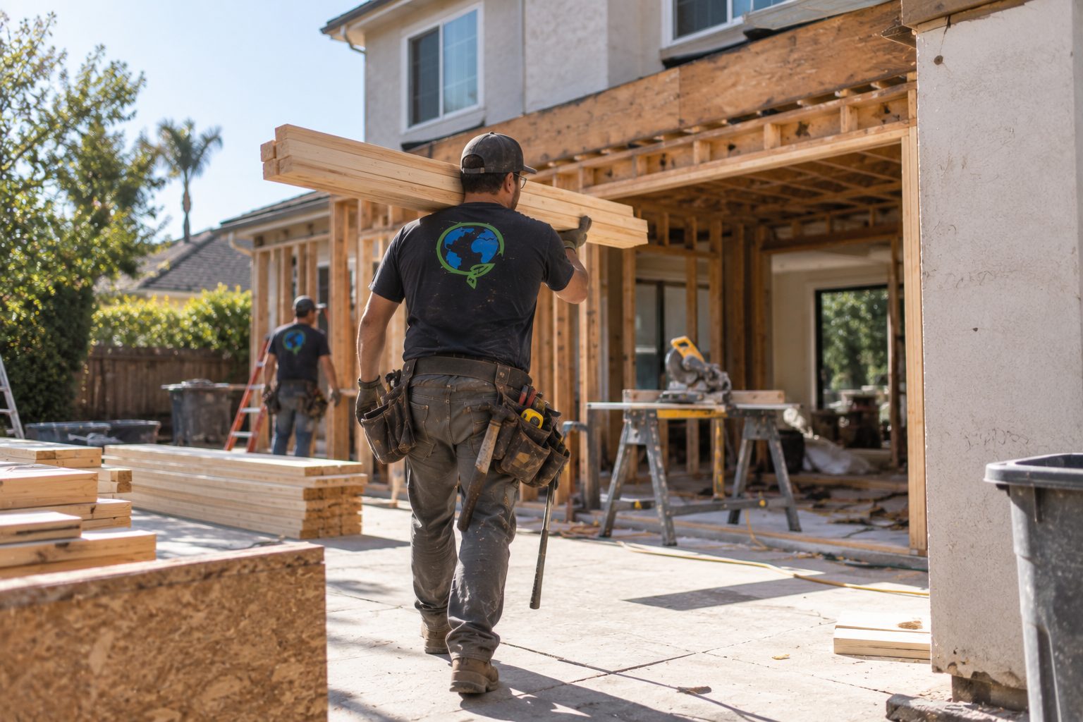 A Green Planet crew carrying framing lumber into a Los Angeles house opened up for rebuilding.