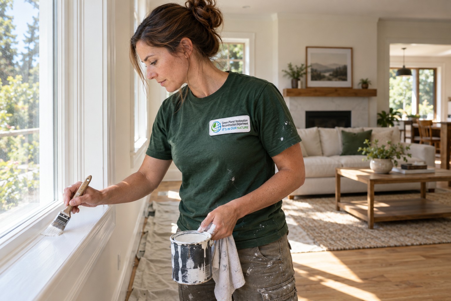 Branded illustration: A painter applying white paint to window trim in a rebuilt living room.