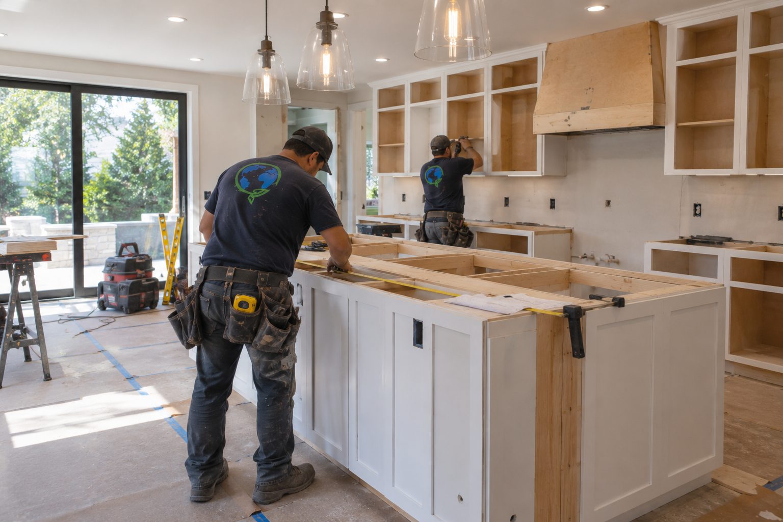 Two Green Planet carpenters fitting new kitchen cabinets and island framing during a Los Angeles rebuild.