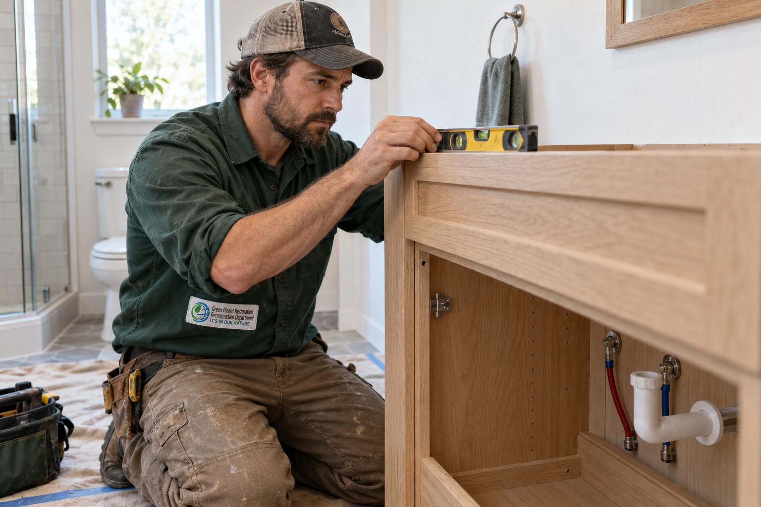 Branded illustration: A finish carpenter checking replacement bathroom cabinetry with a level.
