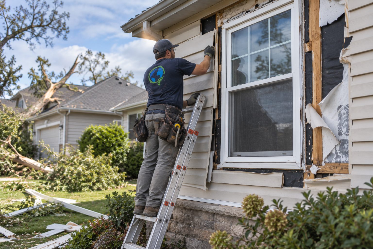 A Green Planet carpenter replacing torn siding on a storm-damaged Los Angeles house.
