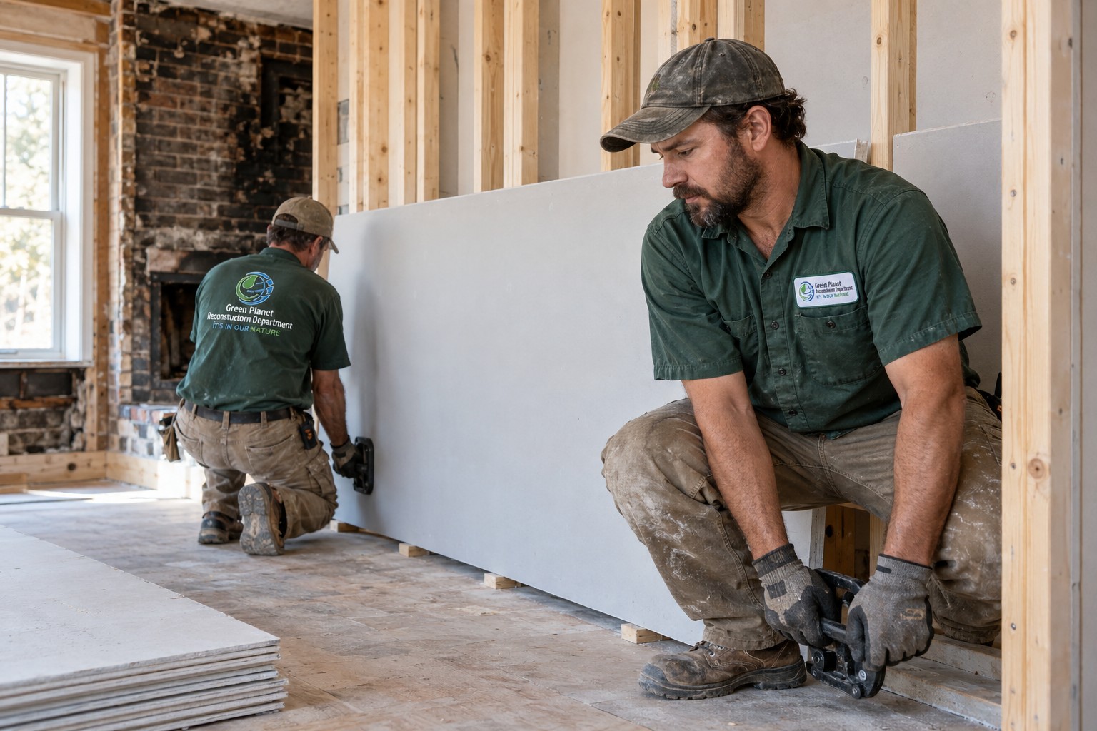 Branded illustration: Two technicians positioning a drywall sheet against new framing.