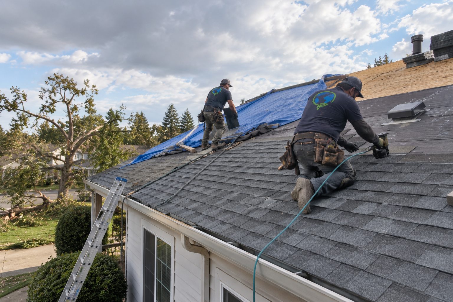 Two Green Planet roofers replacing shingles on a storm-damaged Los Angeles roof.