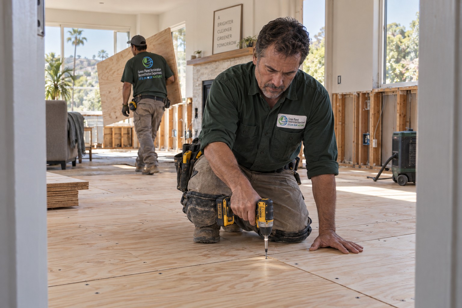 Branded illustration: A carpenter securing a plywood subfloor while a colleague carries another panel.
