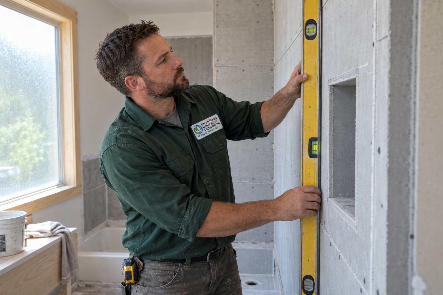 Branded illustration: A technician checking cement-board alignment in a bathroom being rebuilt.