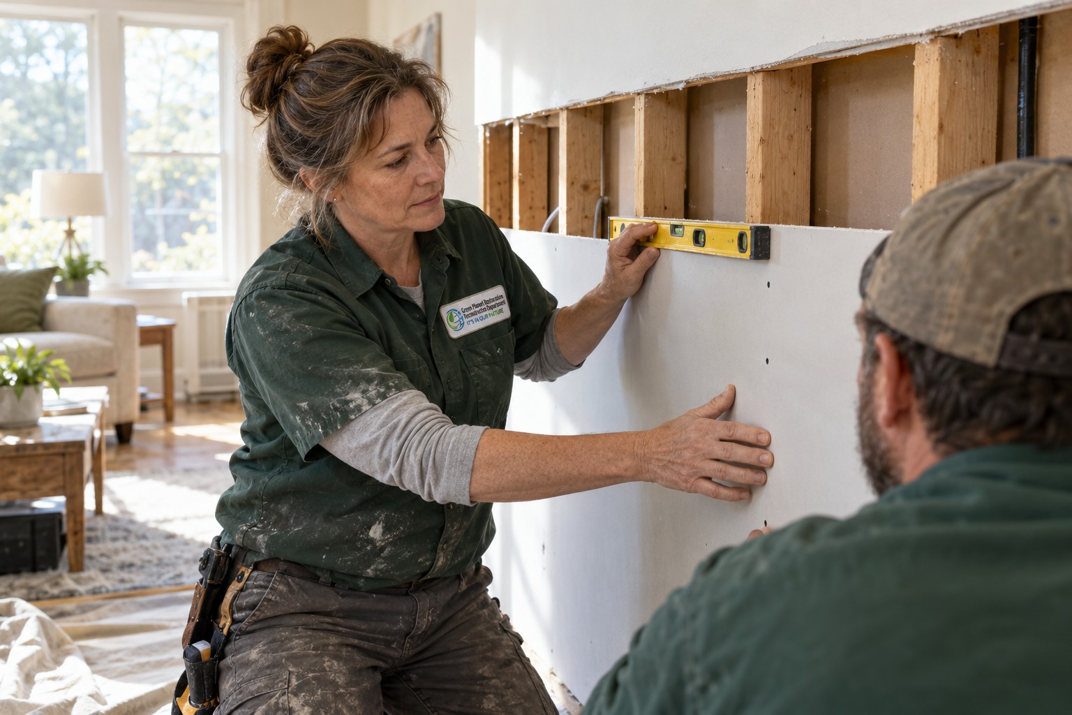 Branded illustration: Two branded technicians aligning replacement drywall below an open wall cavity.