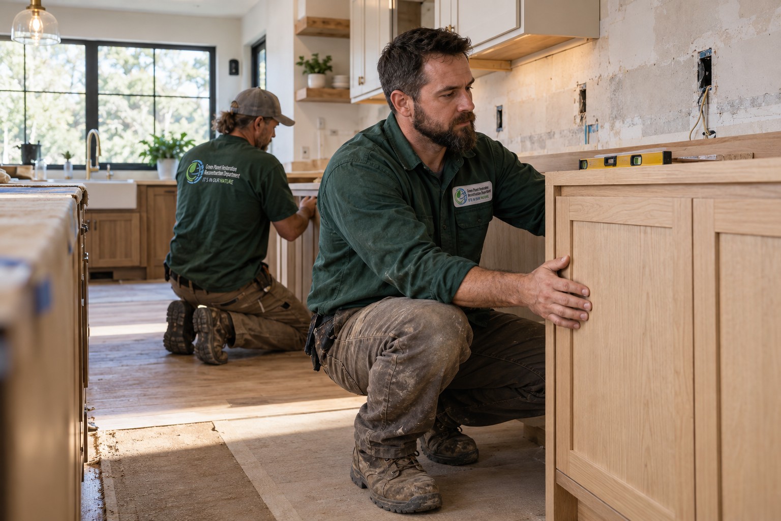 Branded illustration: Two carpenters aligning new pale oak kitchen cabinetry.